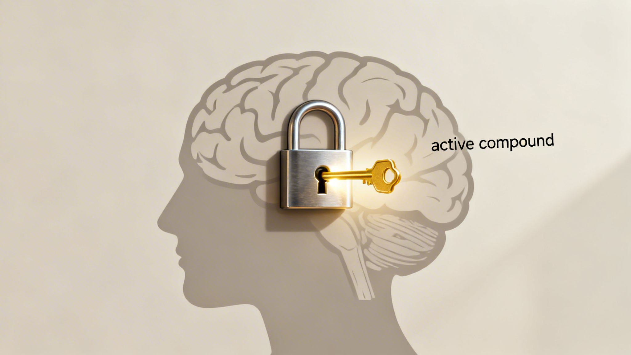 Your Guide to Understanding THC in Canada 2 A golden key labeled 'active compound' unlocks a padlock within a glowing brain silhouette.