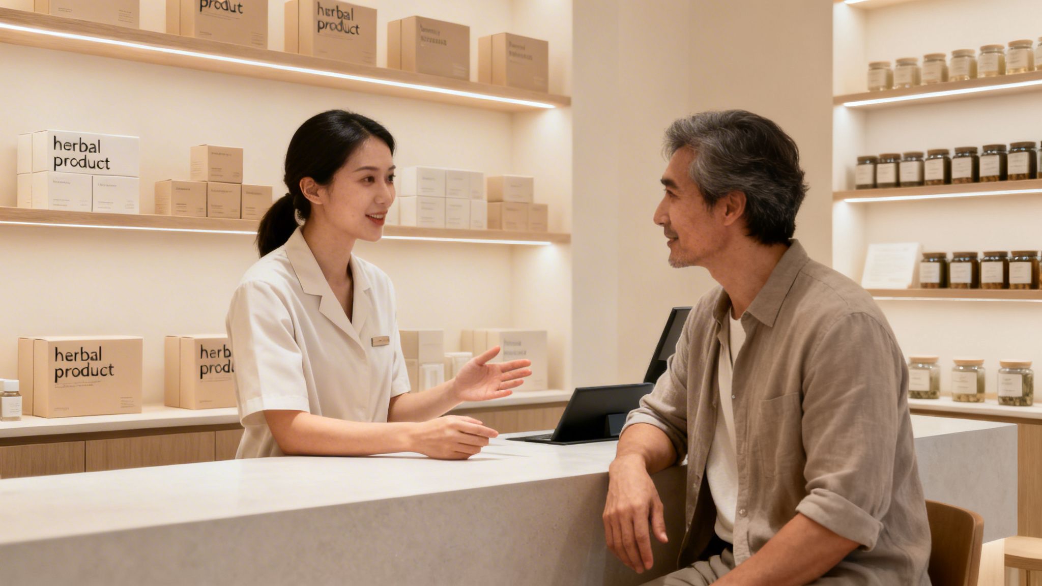 Your Guide to Understanding THC in Canada 1 A young female staff member consults with a male customer at a counter in a herbal product store.