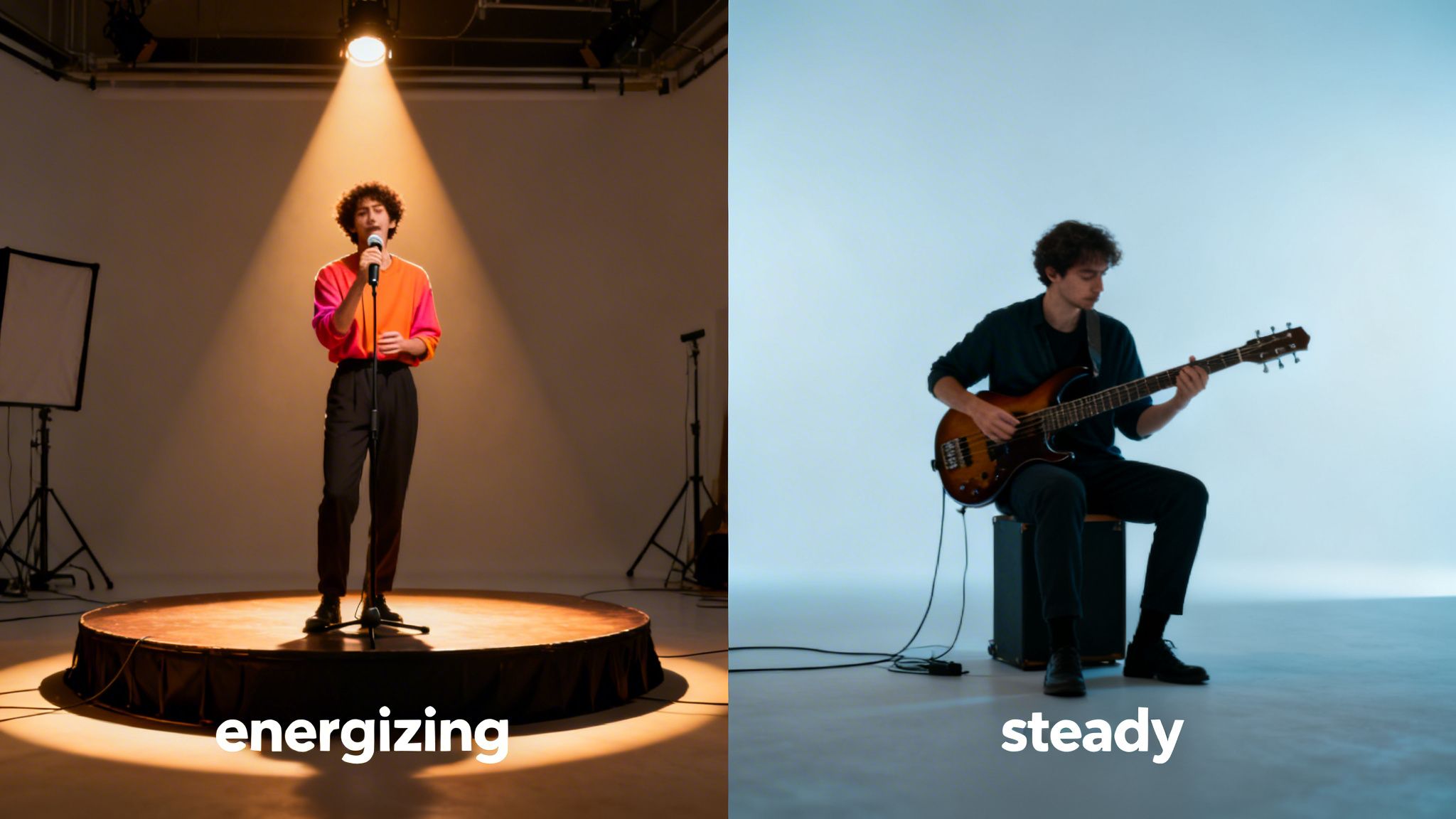 Your Guide to Understanding THC in Canada 3 A musician performs on a stage lit by a spotlight and also sits playing a bass guitar.