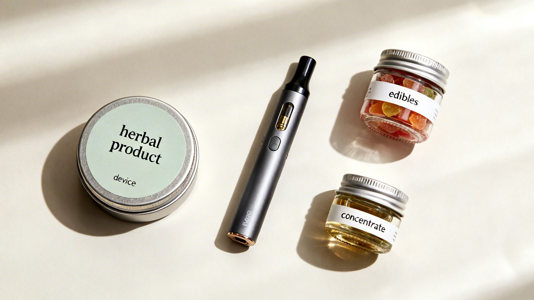 Your Guide to Understanding THC in Canada 4 Various cannabis products including a vape pen, edibles, concentrate, and a device for herbal products.